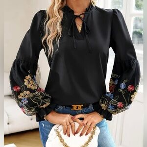 Embroidered Black Blouse with Floral Sleeves
